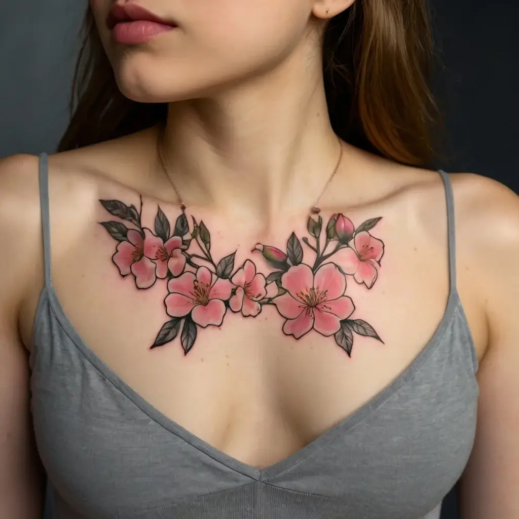 Chest tattoo of pink cherry blossoms with green leaves, intricately detailed and gracefully spreading across the collarbone.