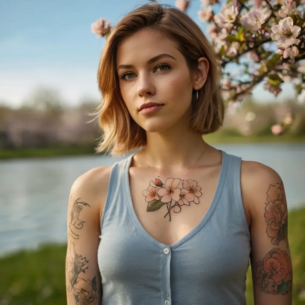 Chest tattoo of pink sakura blossoms with green leaves, complemented by floral designs on both arms.