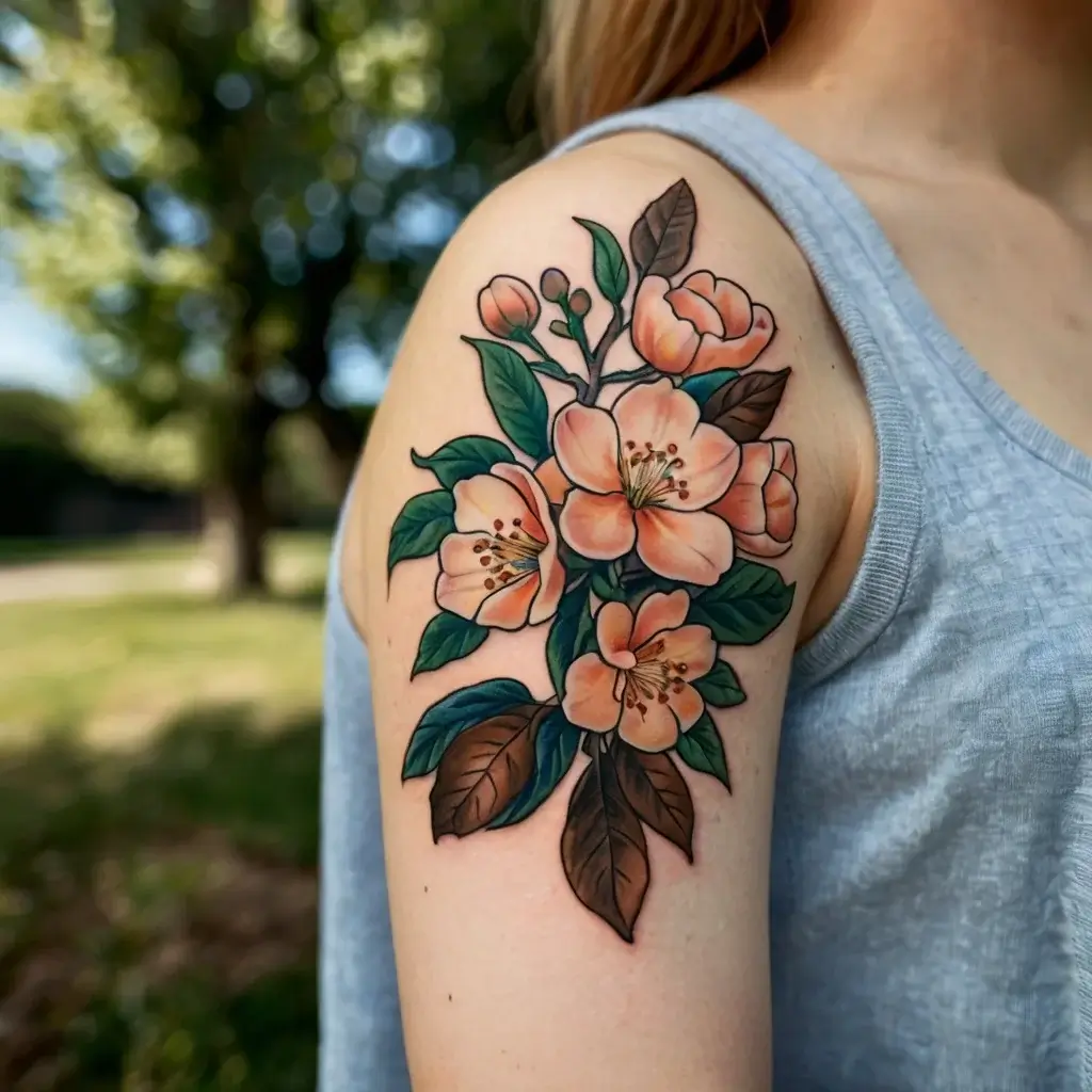 Floral tattoo on upper arm featuring vivid peach flowers with green leaves, showcasing intricate shading and natural detail.