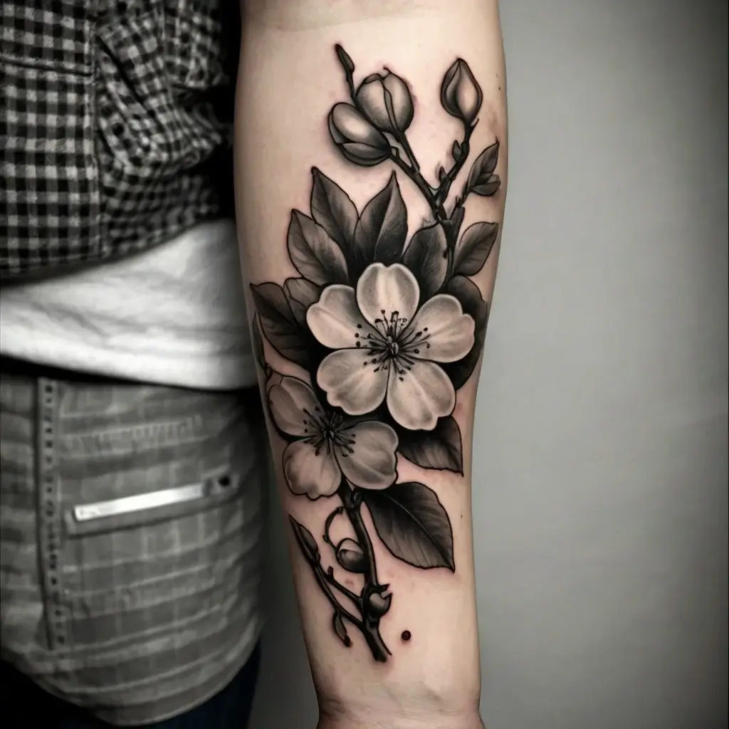 Black and grey tattoo of blooming cherry blossoms and leaves on the forearm, showcasing intricate shading and detail.