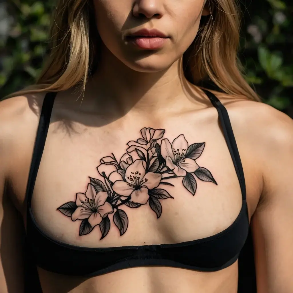 Tattoo of delicate flowers and leaves on the chest, featuring bold outlines and soft shading for a graceful look.