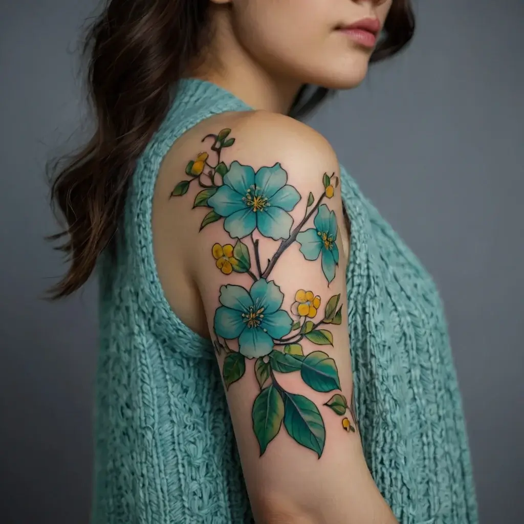 Blue and yellow floral tattoo on upper arm, featuring blooming flowers and leaves, creating a vibrant, nature-inspired design.