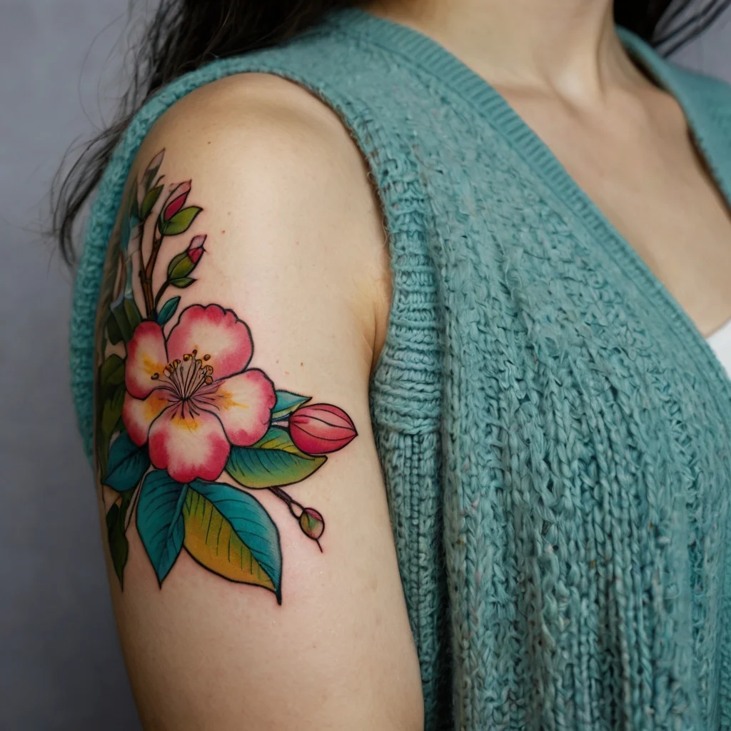 Colorful floral tattoo with a vibrant pink blossom and green leaves on the upper arm, accented with red buds.