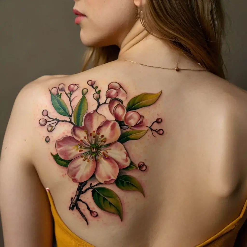 Realistic cherry blossom tattoo on back, featuring delicate pink petals and green leaves for a natural look.