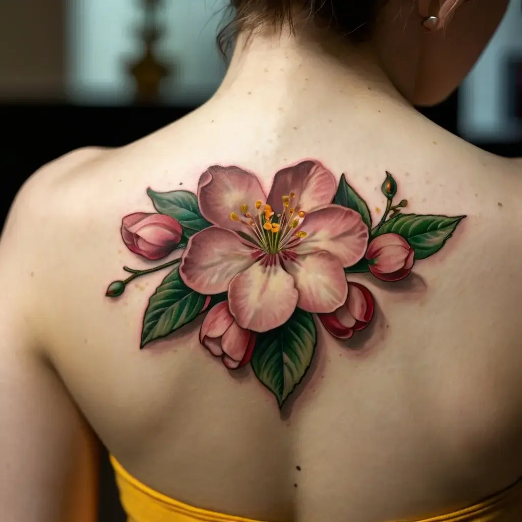 Tattoo of a pink flower with buds and green leaves on the upper back, showcasing realistic details and shading.