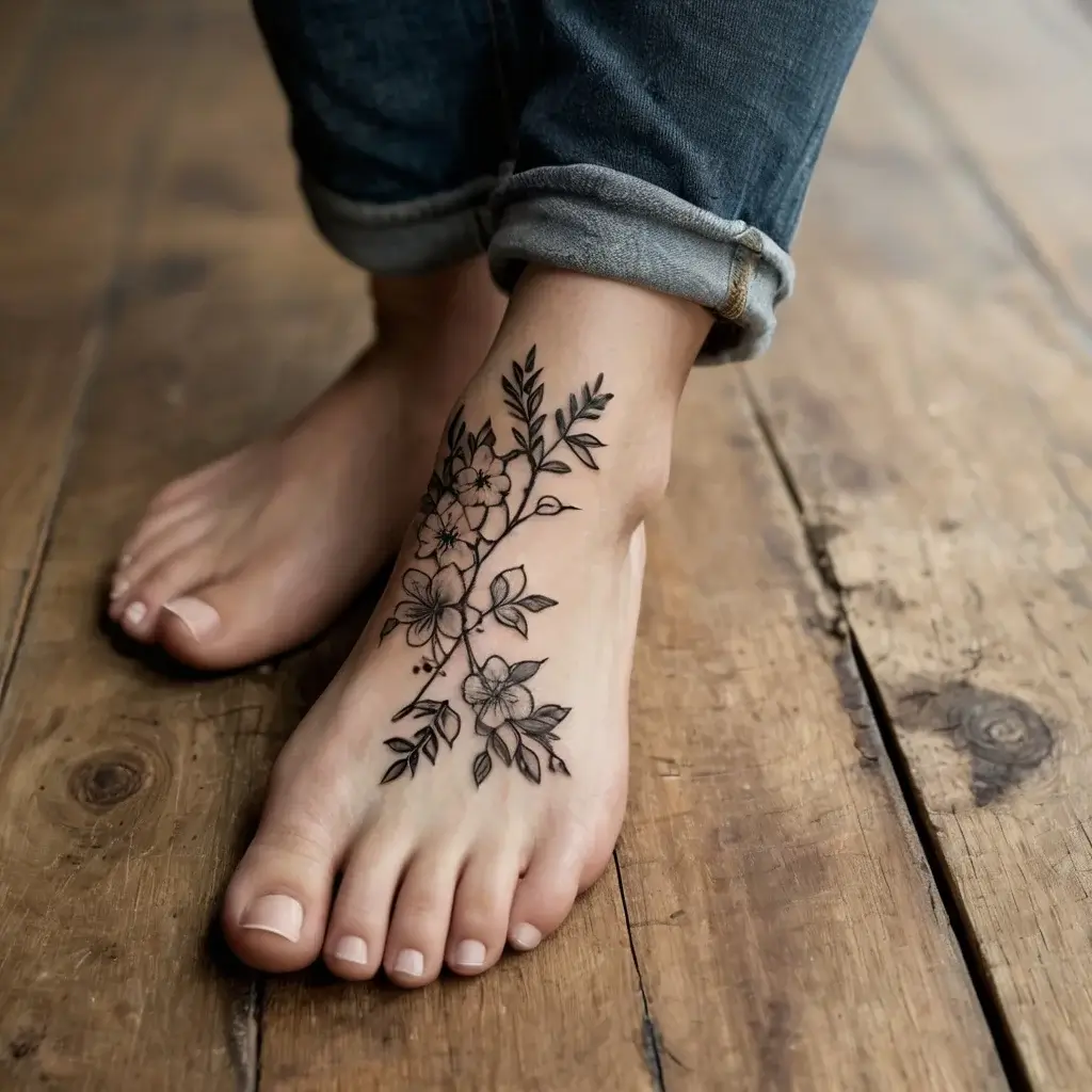 Black floral tattoo on foot, featuring delicate linework with blooming flowers and leaves, enhancing nature’s elegance.