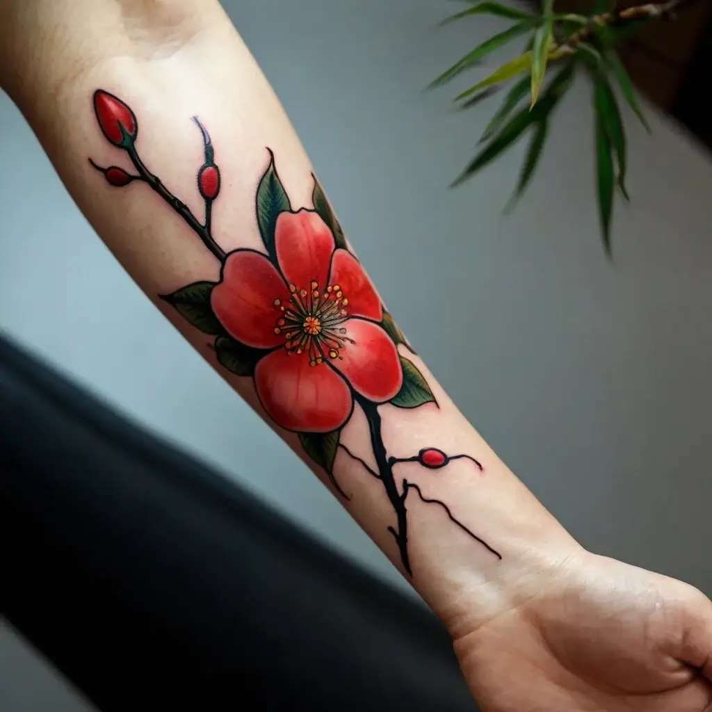 Tattoo of a bold red cherry blossom with green leaves on a branch, symbolizing beauty and renewal on the forearm.