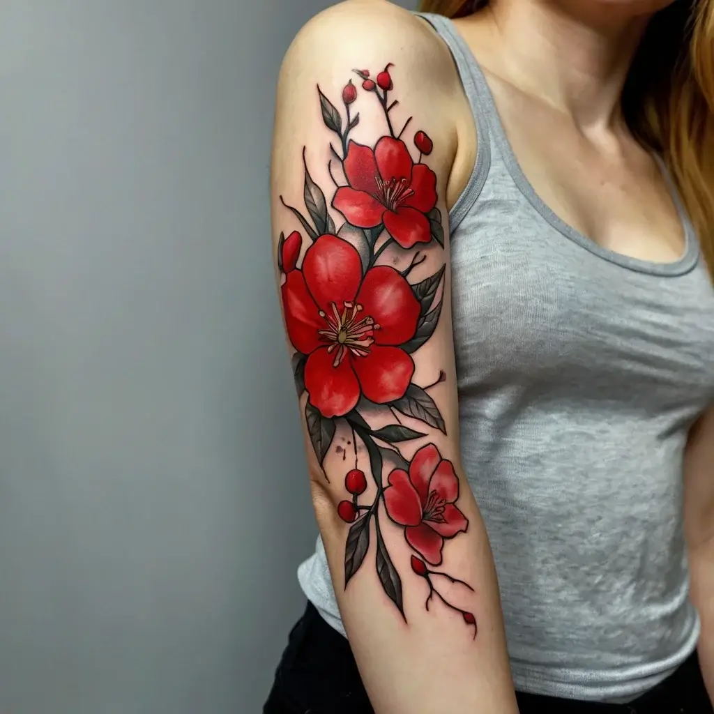 Tattoo featuring vibrant red flowers and green leaves, intricately detailed, trailing down the outer arm.