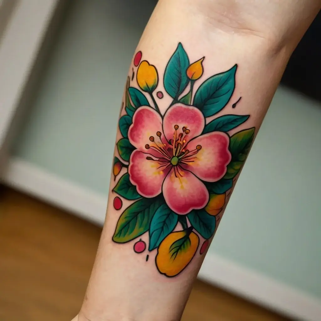 Bright floral tattoo with a pink blossom, teal leaves, and yellow buds, showcasing bold outlines and vivid colors.