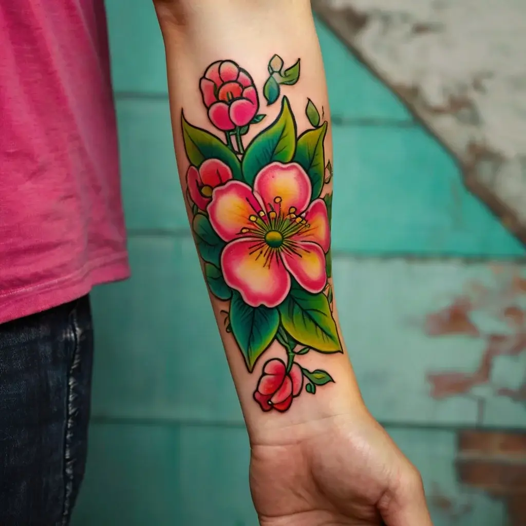 Vibrant tattoo of a pink flower with green leaves on forearm, featuring bold outlines and a touch of yellow shading.