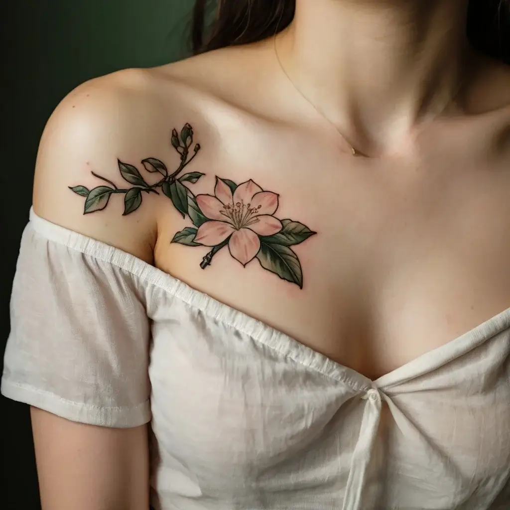 Tattoo of a delicate pink lily on the shoulder, featuring lush green leaves and budding flowers for an elegant touch.