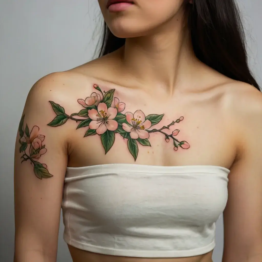 Floral tattoo design on shoulder and chest with delicate pink blossoms and vibrant green leaves, symbolizing beauty and renewal.