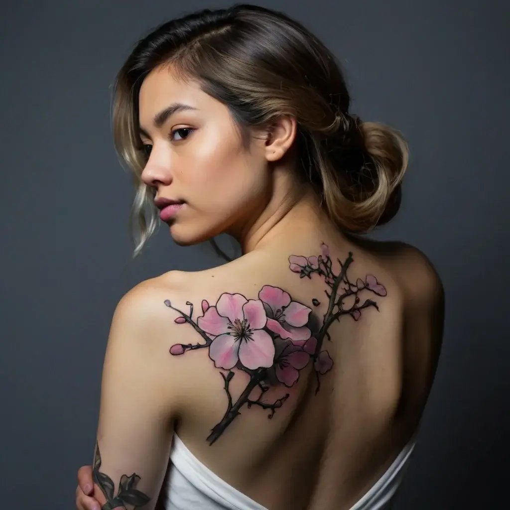 A delicate pink cherry blossom tattoo spans the shoulder blade, symbolizing beauty and the fleeting nature of life.