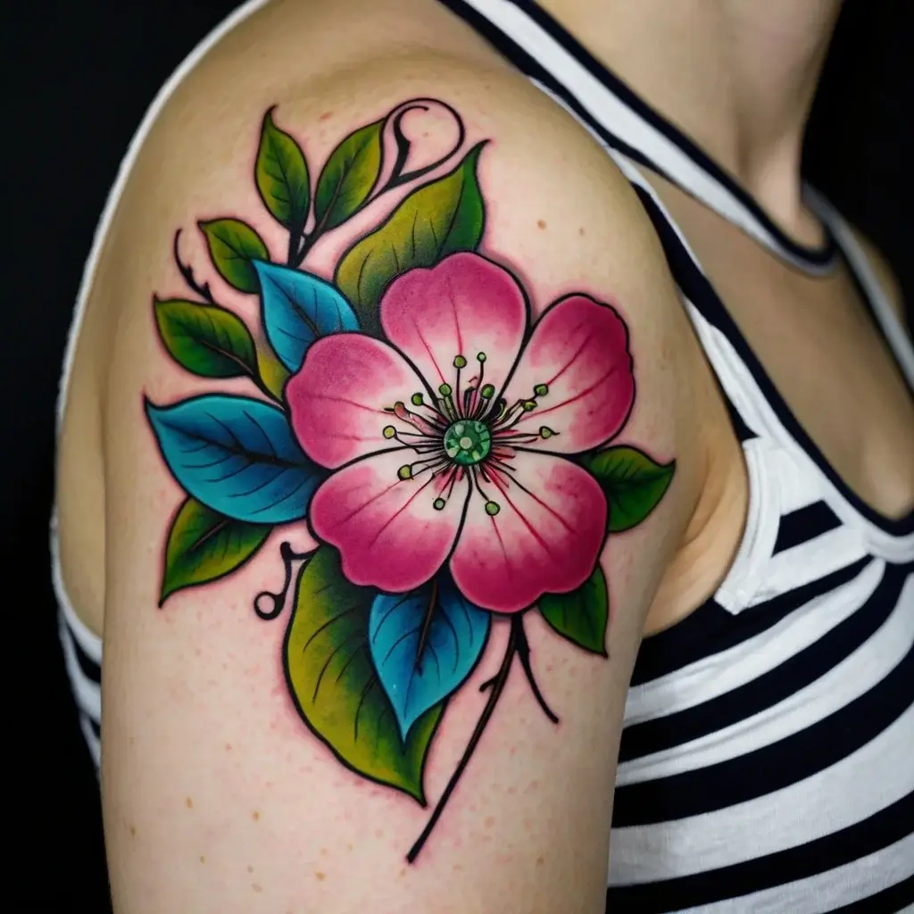 Vibrant neo-traditional tattoo of a pink flower with bold blue and green leaves on the upper arm.