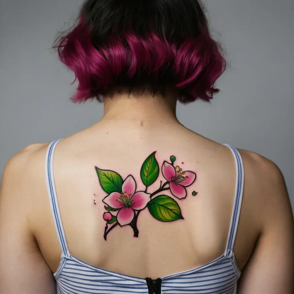 Back tattoo of vibrant pink cherry blossoms with bold green leaves, showcasing an elegant and natural floral design.