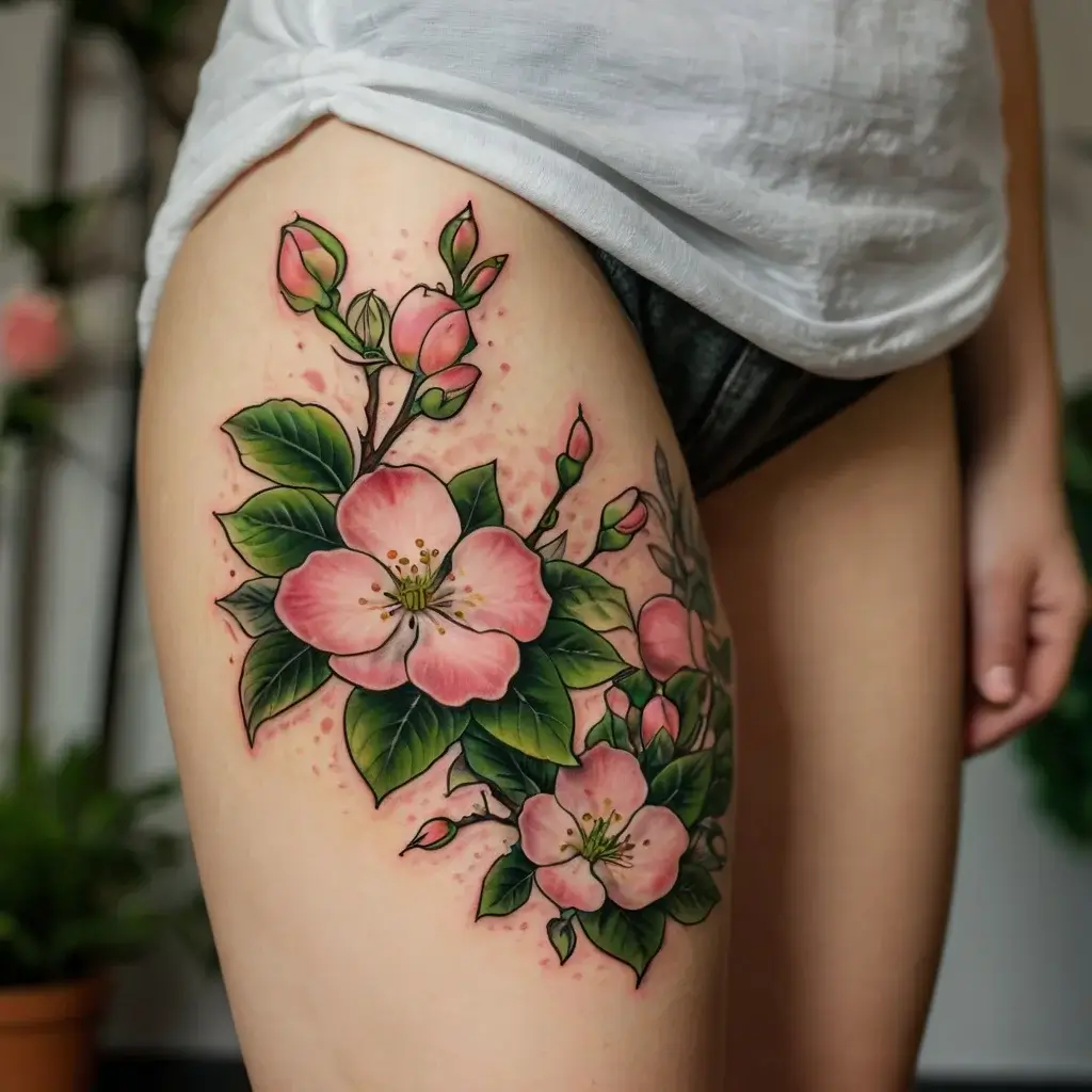 Tattoo of vibrant pink cherry blossoms with green leaves, detailed on the thigh, symbolizing beauty and renewal.