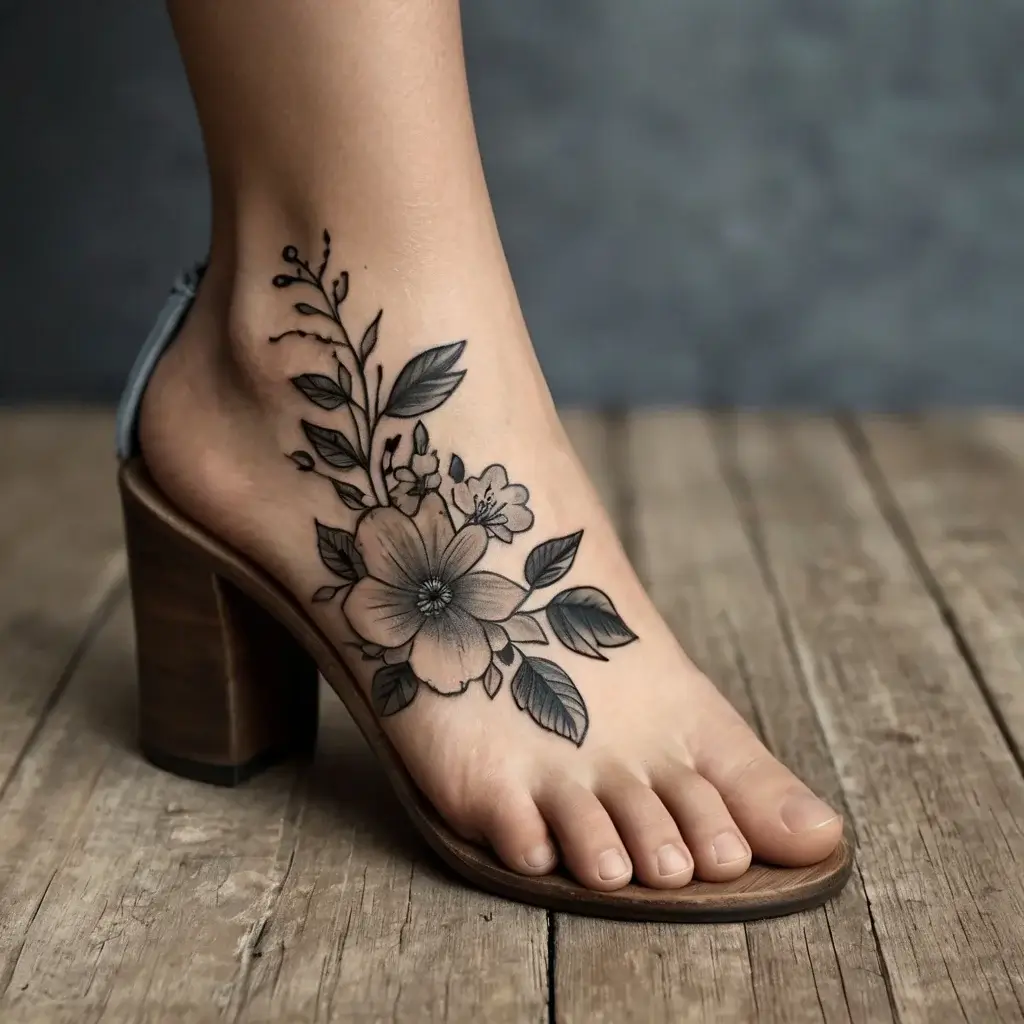 Foot tattoo showcases a detailed black ink floral design with large petals and leaves, elegantly expanding around the ankle.