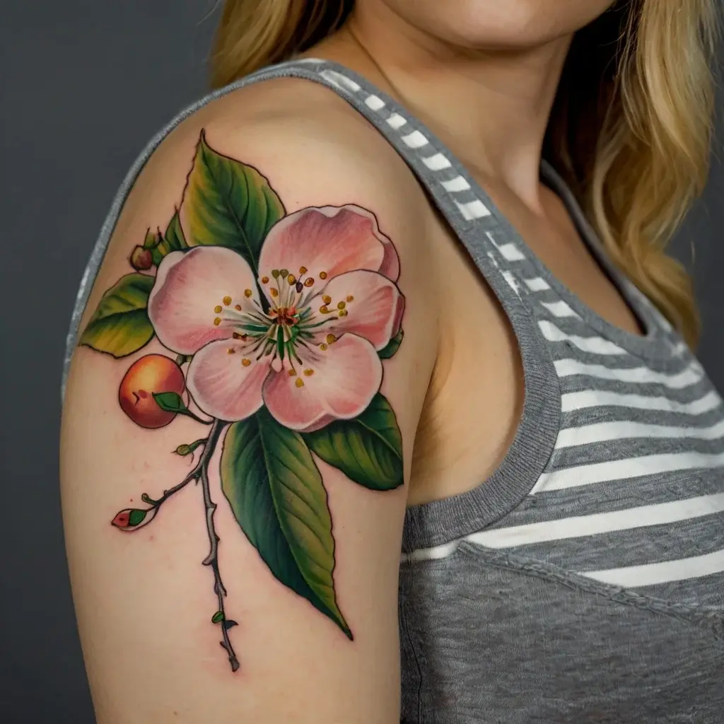 Colorful tattoo of a peach blossom with detailed pink petals, green leaves, and small fruit on shoulder.