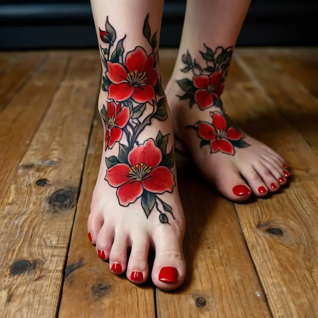 Ornate red flowers with green leaves tattooed on feet, elegantly wrapping around ankles. Bold colors and graceful design.