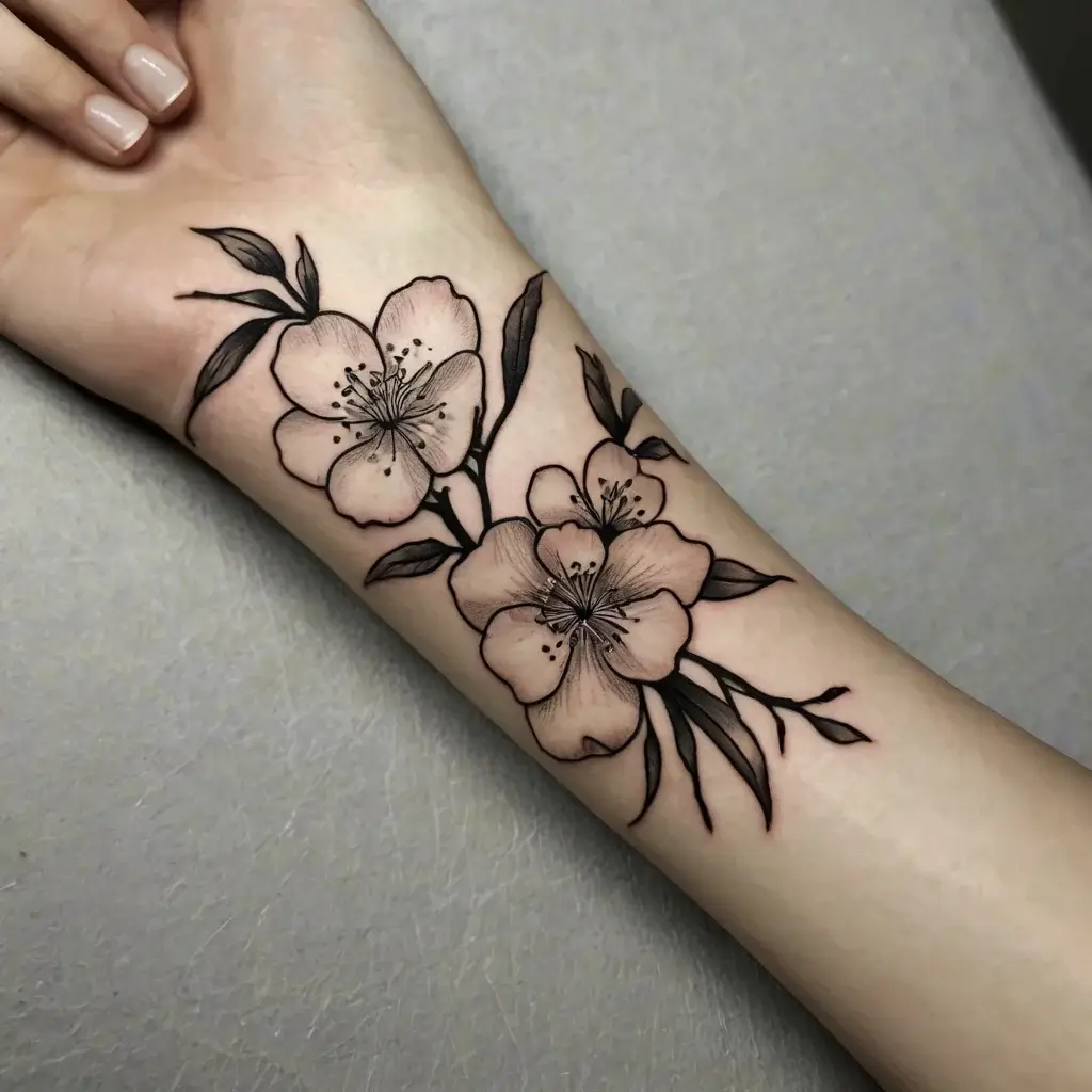 Tattoo of delicate cherry blossoms with detailed shading and slender leaves on the forearm.