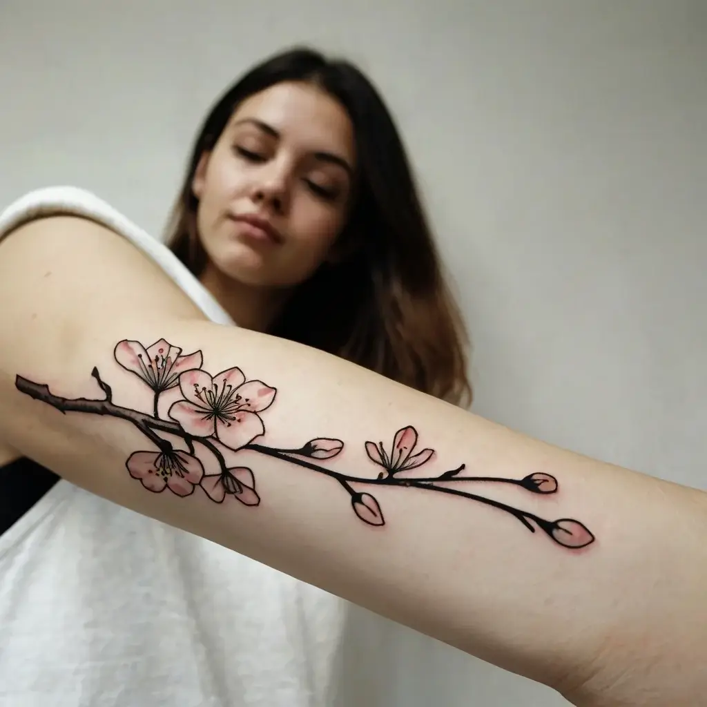 Intricate cherry blossom branch tattoo on the forearm, featuring delicate pink flowers and buds in a natural design.