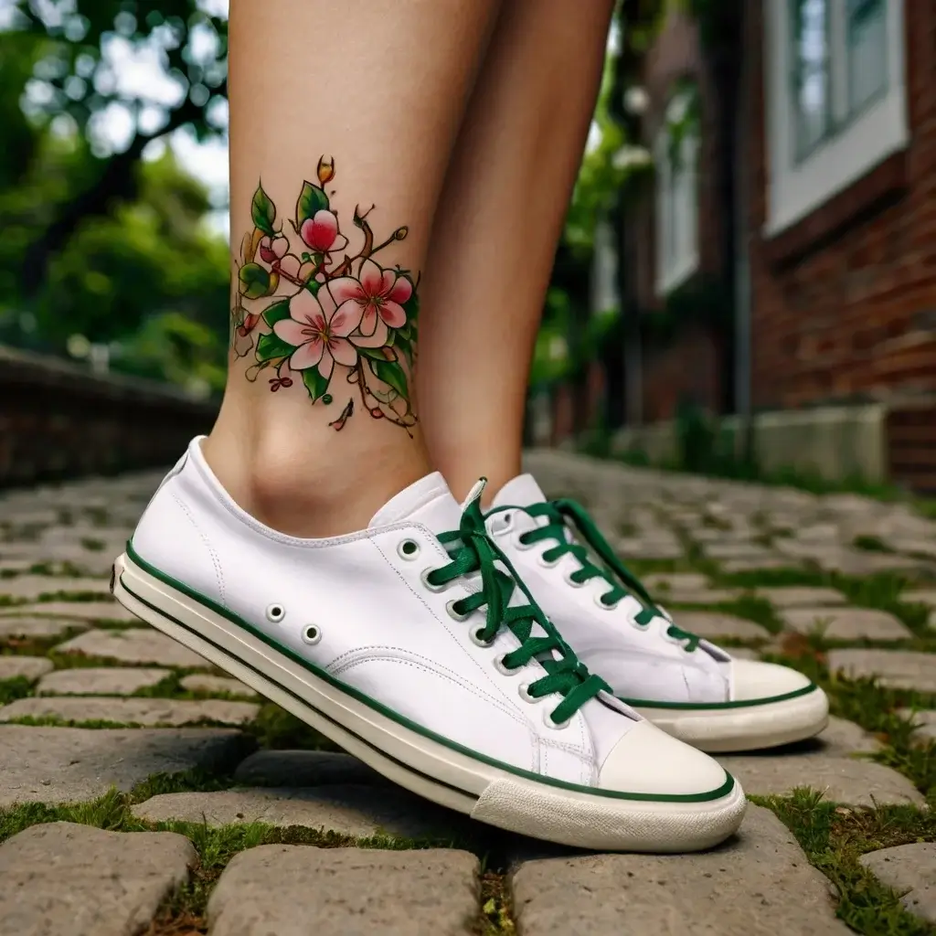 Colorful floral tattoo with blooming pink flowers and green leaves on the ankle, adding a vibrant, natural touch.