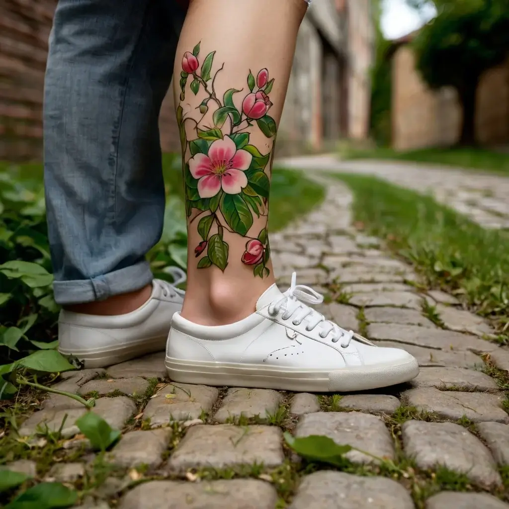 A vibrant floral tattoo wraps the leg, featuring pink blossoms and lush green leaves against a natural pathway backdrop.