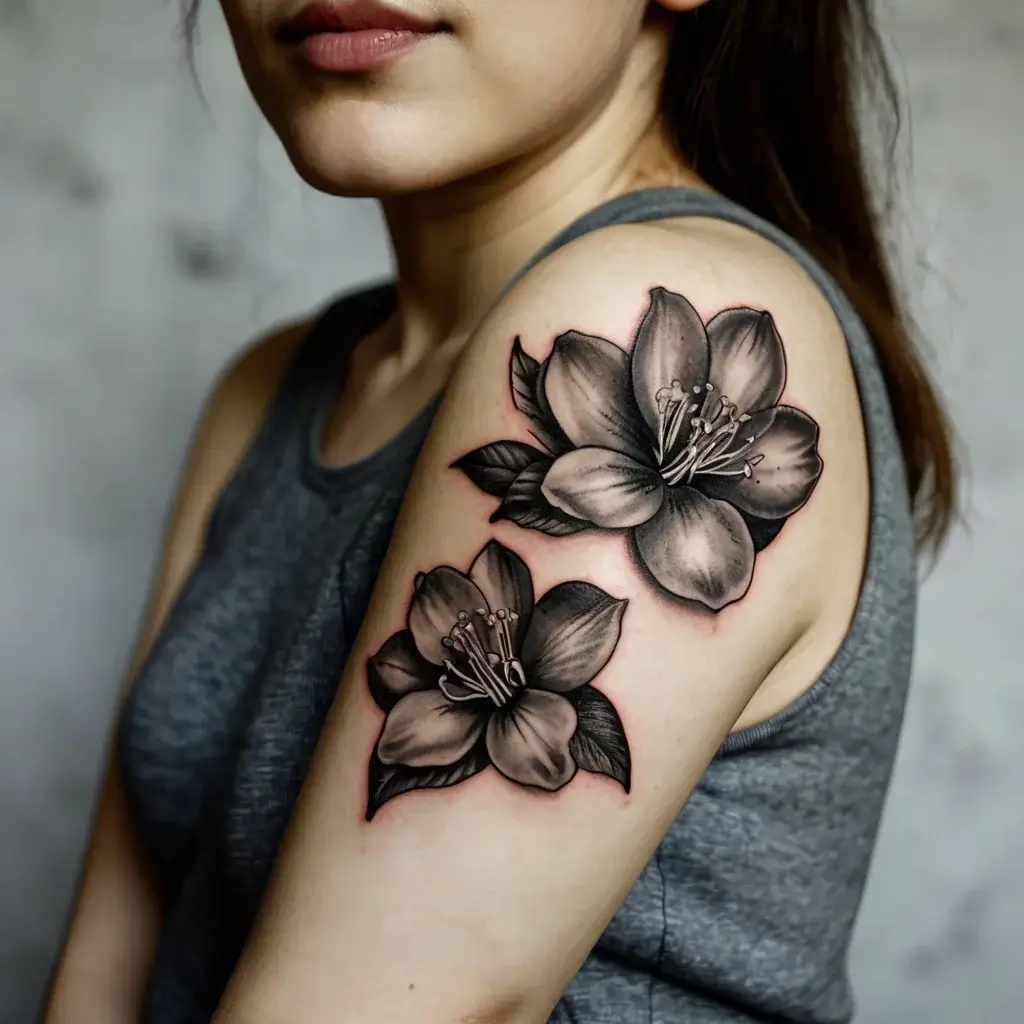 Black and gray floral tattoo on upper arm, featuring two shaded blossoms with detailed petals and subtle leaf accents.