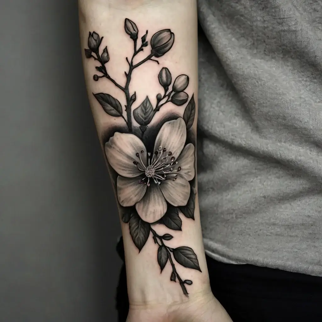 Intricate black and grey tattoo of a blooming cherry blossom with buds and leaves on the forearm.