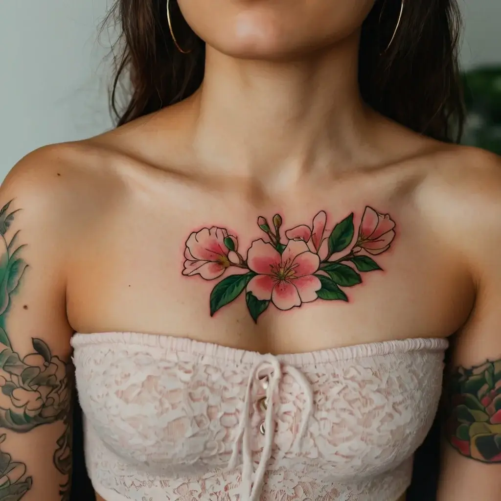 Tattoo with pink cherry blossoms and green leaves centered on the chest, showcasing vivid colors and elegant shading.