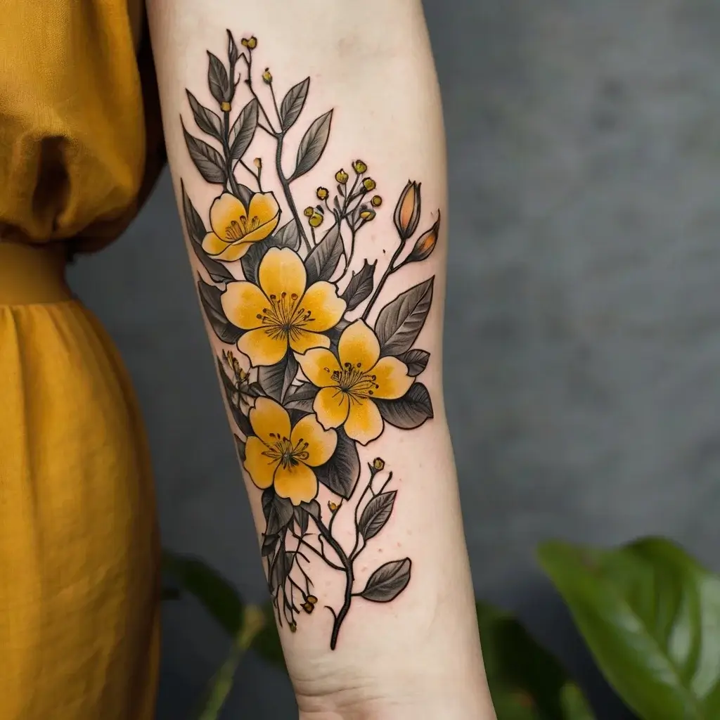 Tattoo of yellow flowers with black leaves on the forearm, showcasing intricate linework and color shading.