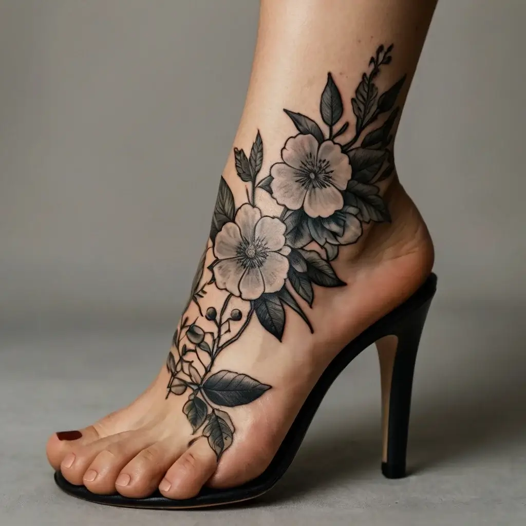 Detailed black and gray floral tattoo on foot with blooming flowers, leaves, and vines, elegantly wrapping the ankle.