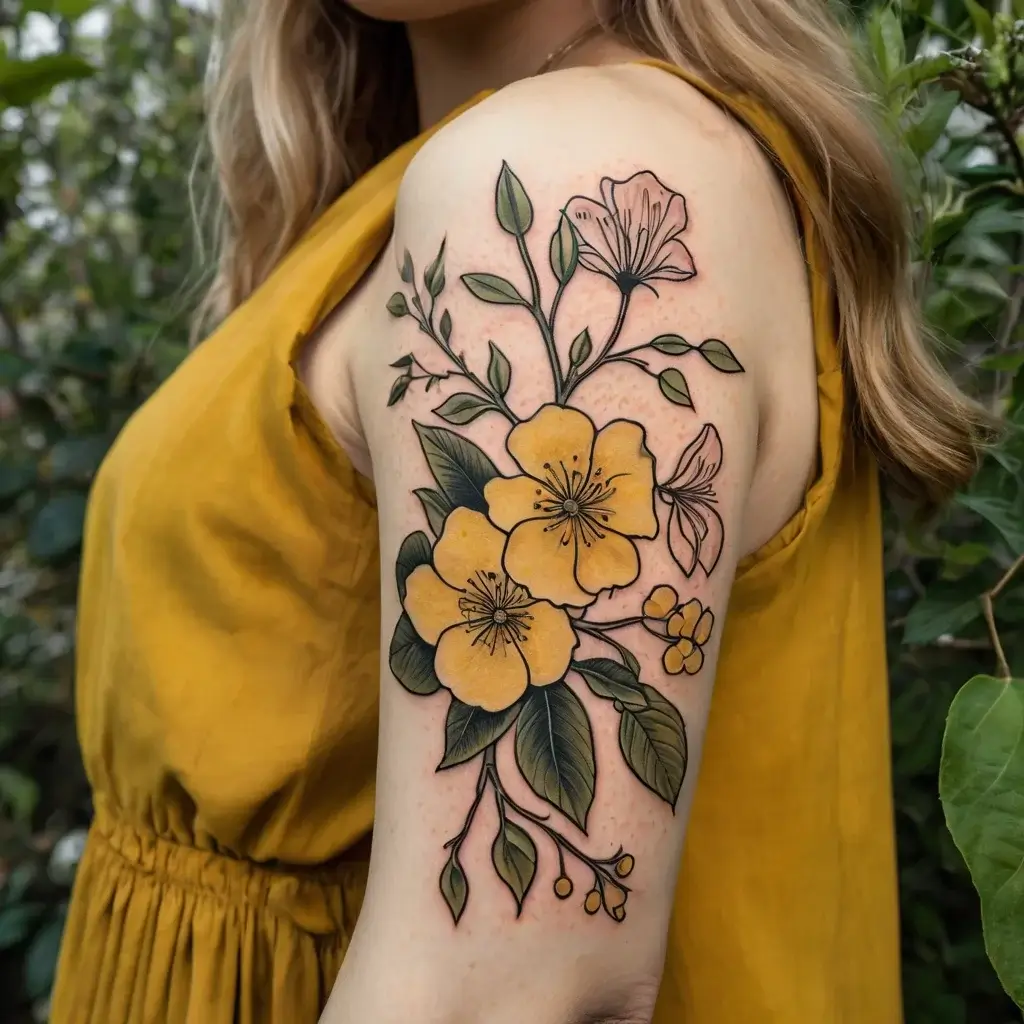 Tattoo of vibrant yellow flowers with green leaves on an arm, highlighting intricate linework and shading.