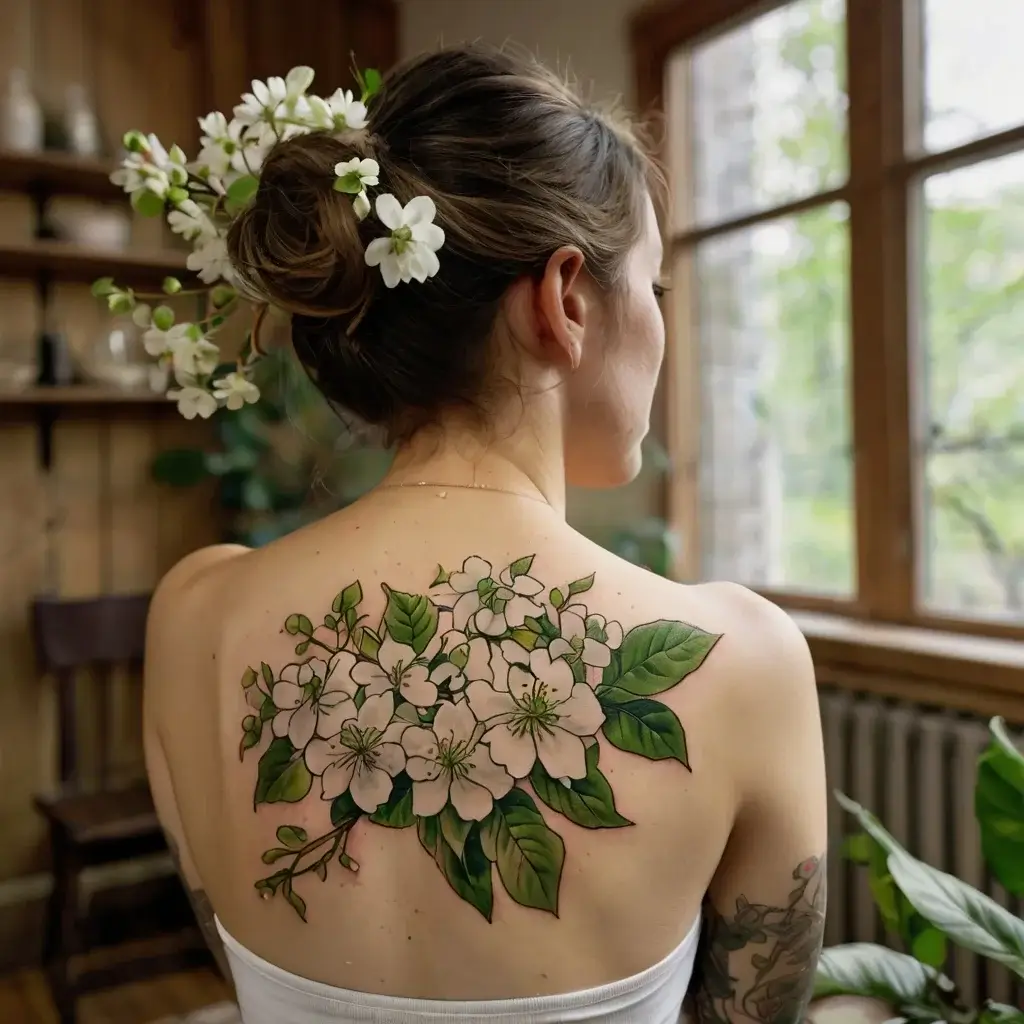 Floral tattoo of white blossoms with green leaves on back, detailed shading, emphasizing natural beauty and elegance.