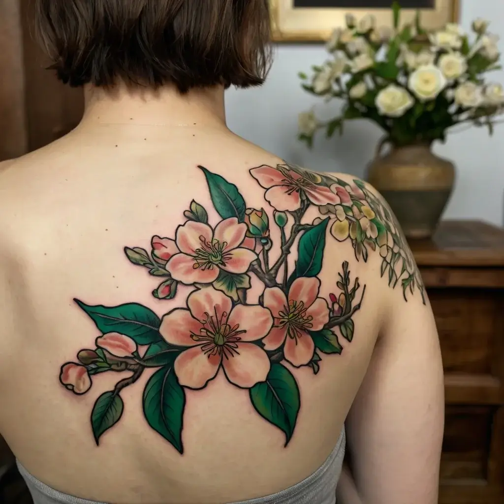 Tattoo of vibrant cherry blossoms with green leaves sprawling across the back and shoulder, symbolizing renewal.