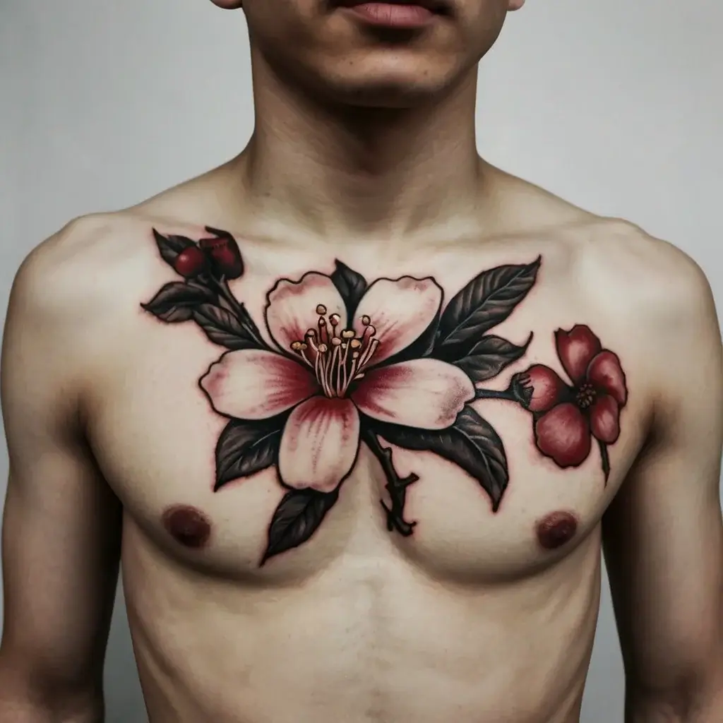 Chest tattoo featuring a central pink cherry blossom with detailed petals and leaves, flanked by smaller red flowers.