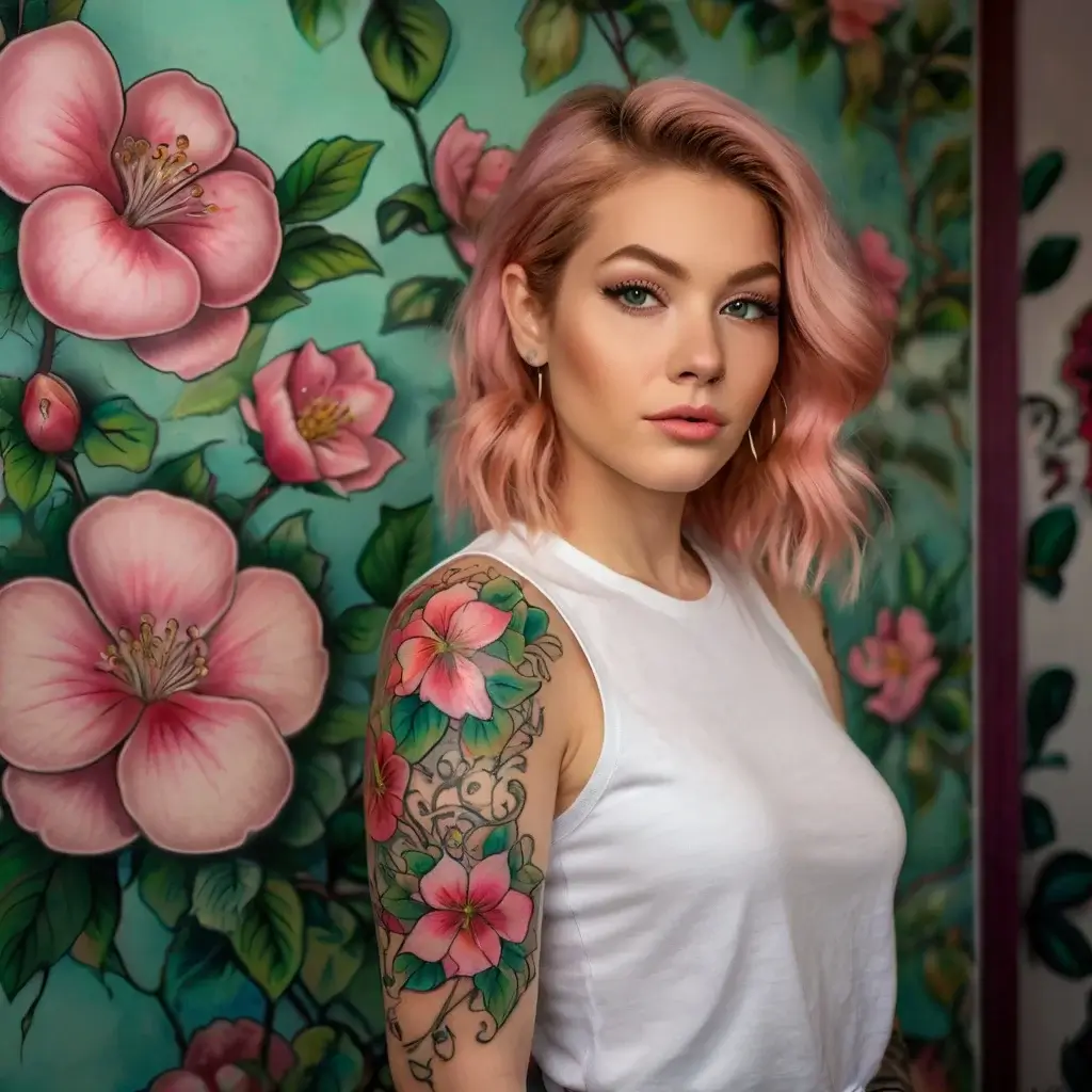 Floral tattoo sleeve featuring vibrant pink hibiscus flowers and green leaves on a woman's shoulder and upper arm.