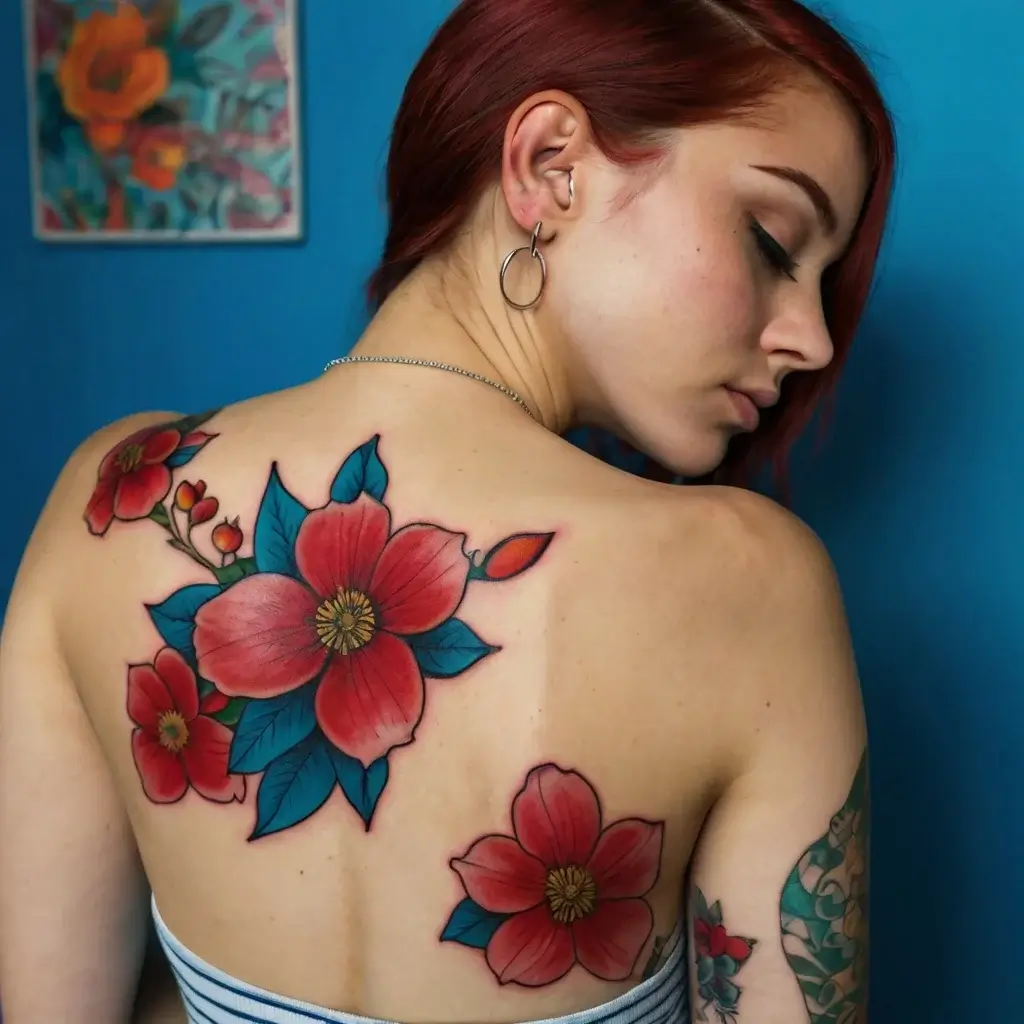 Vivid floral tattoo on shoulder with red blossoms and blue leaves, displaying bold outlines and dynamic shading.