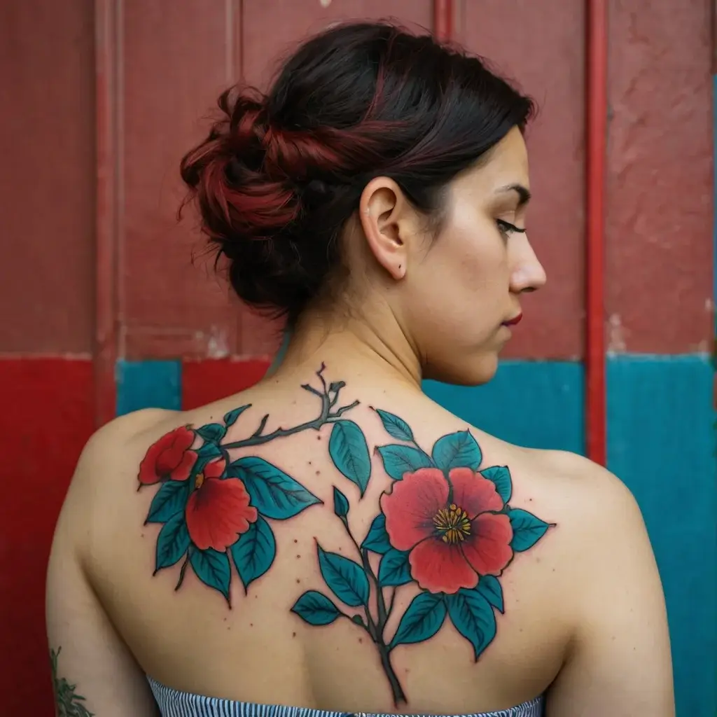 Vibrant tattoo of red camellia flowers with teal leaves on a branch, elegantly covering the upper back for a bold look.