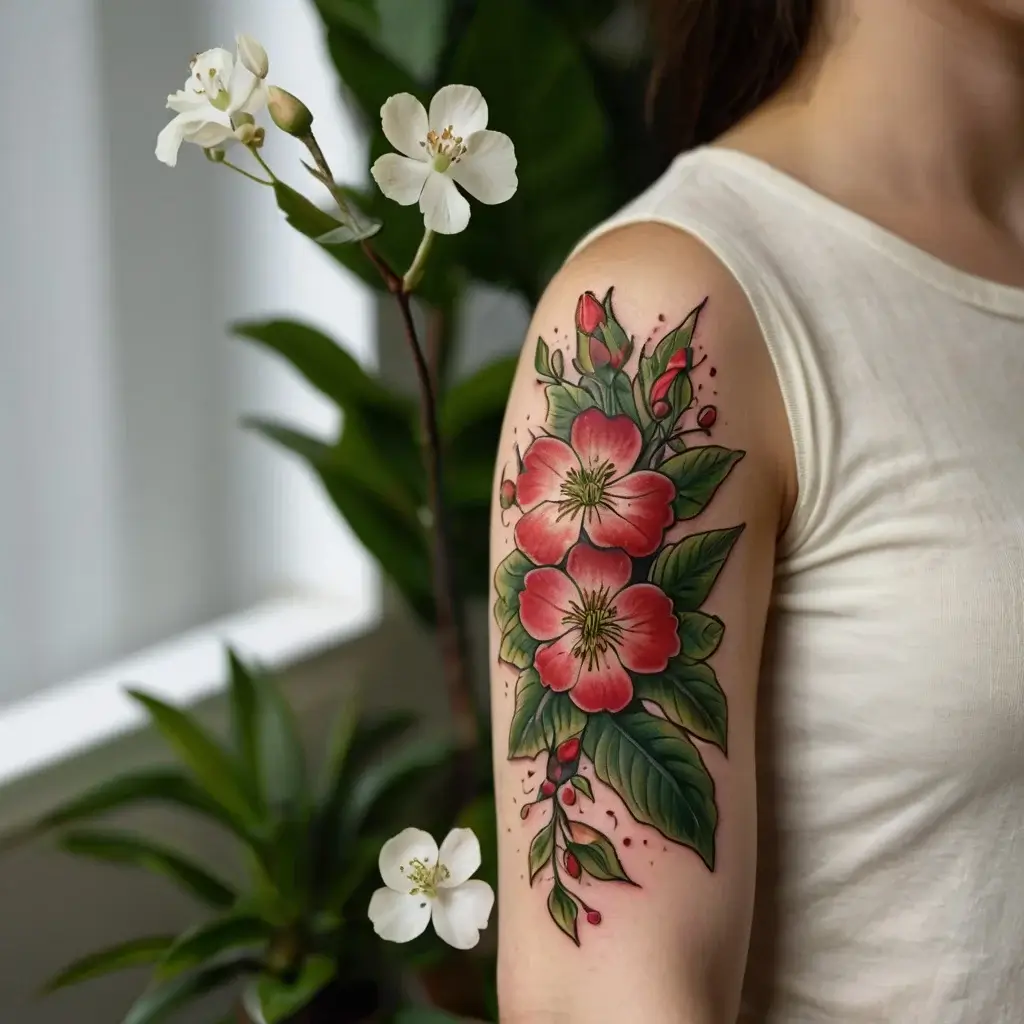 Tattoo of vibrant pink flowers with green leaves on upper arm, blending nature-inspired beauty and intricate detail.