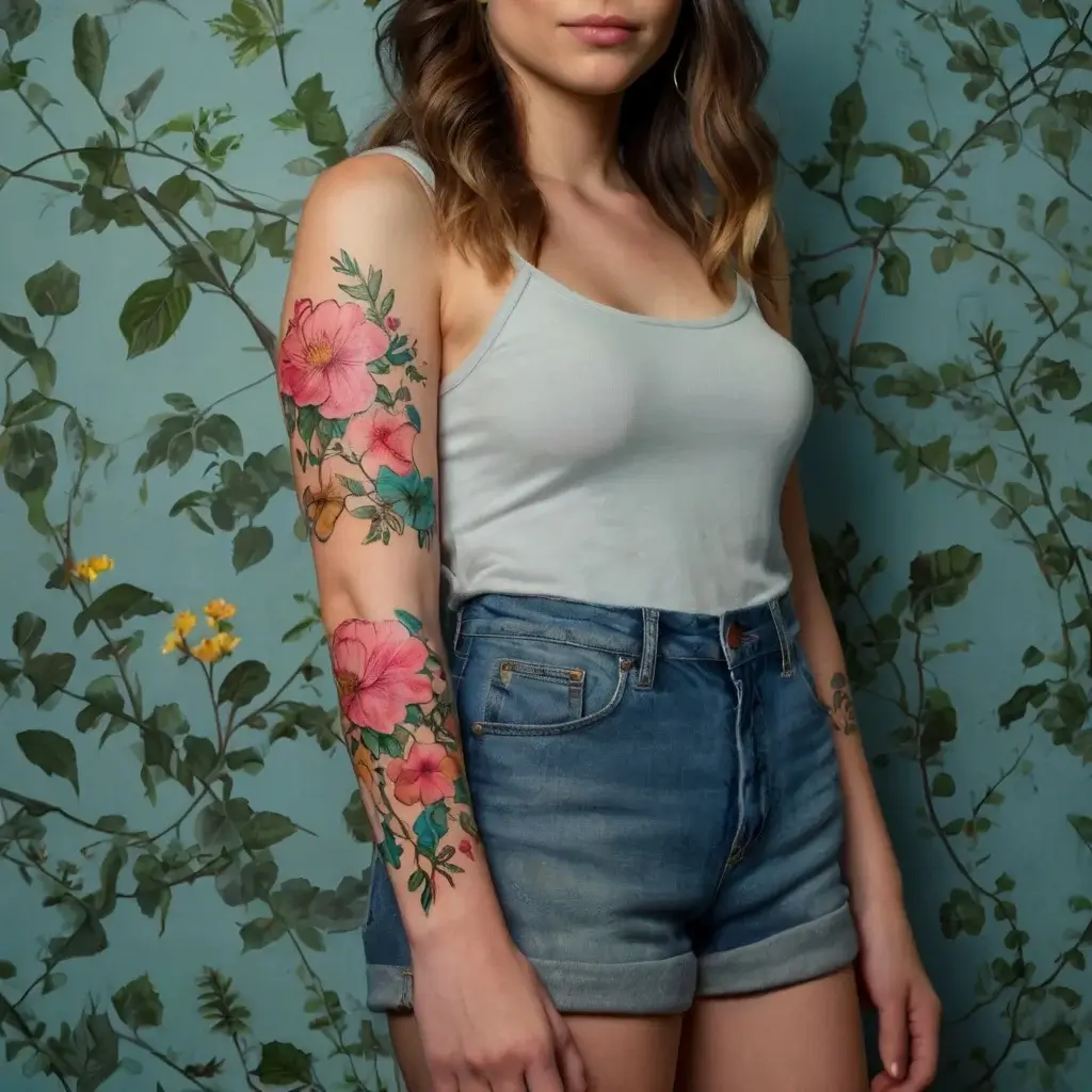 Vibrant floral tattoo with pink, orange, and blue flowers in a naturalistic style, covering forearm and reaching up to the elbow.