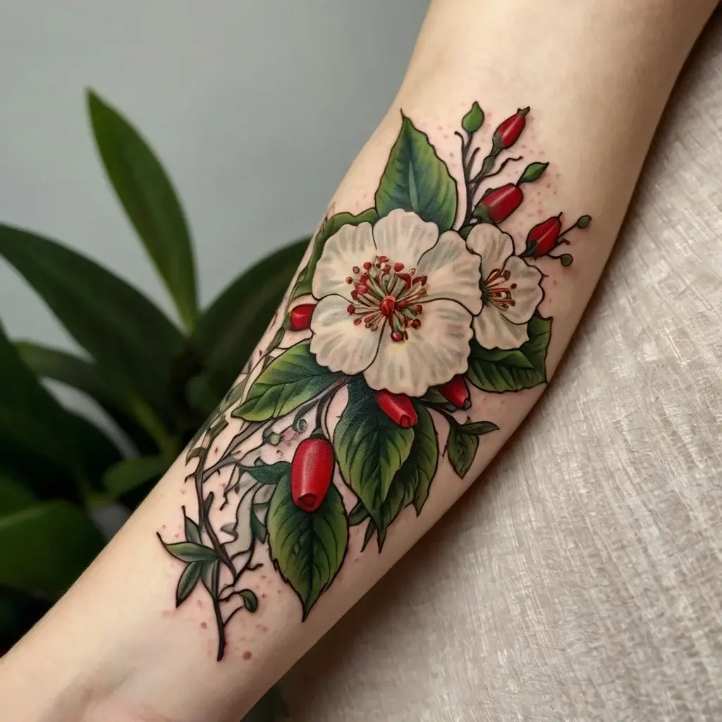 Tattoo of delicate white flowers with red buds and lush green leaves, intricately detailed on the forearm.