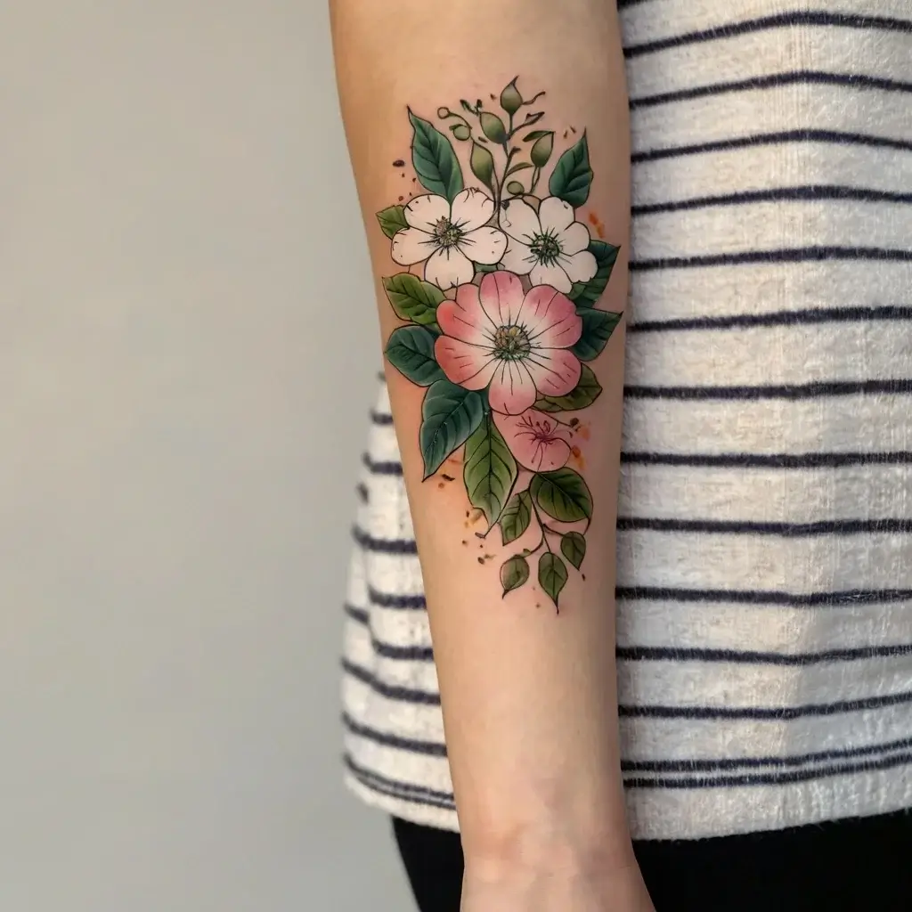 A floral tattoo on the forearm featuring pink and white flowers with vibrant green leaves and delicate details.