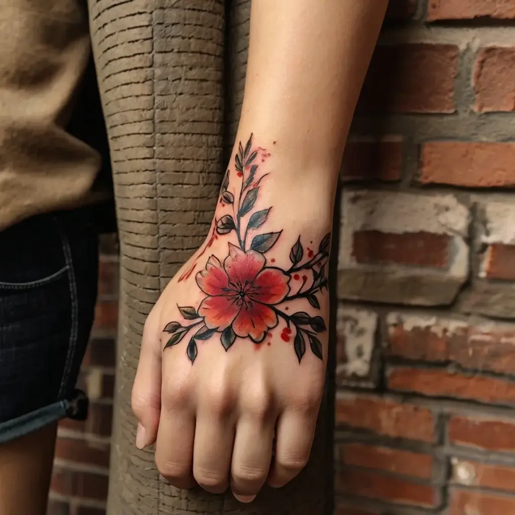 Floral tattoo on hand with red and black flowers and leaves, blending watercolor effect and bold outlines.