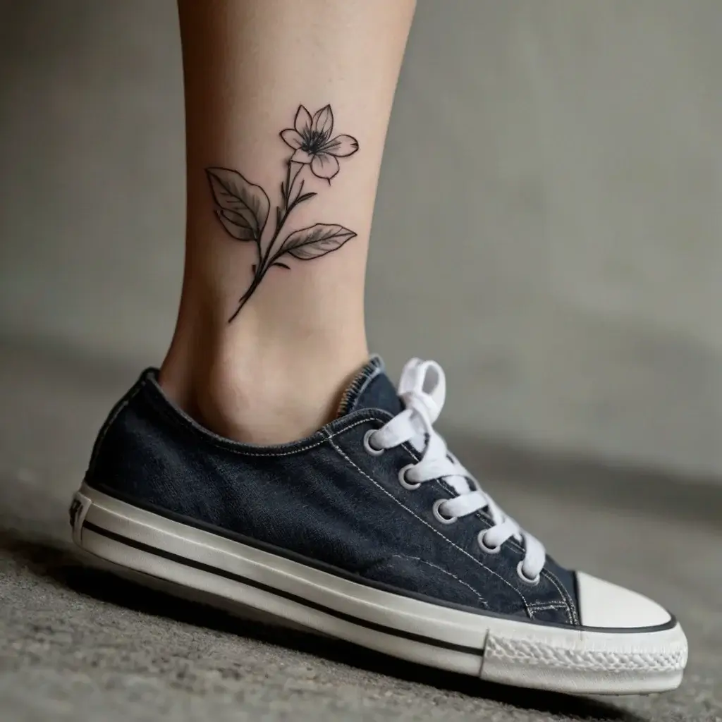 Minimalist floral ankle tattoo with a single blooming flower and three leaves, showcasing delicate black linework.