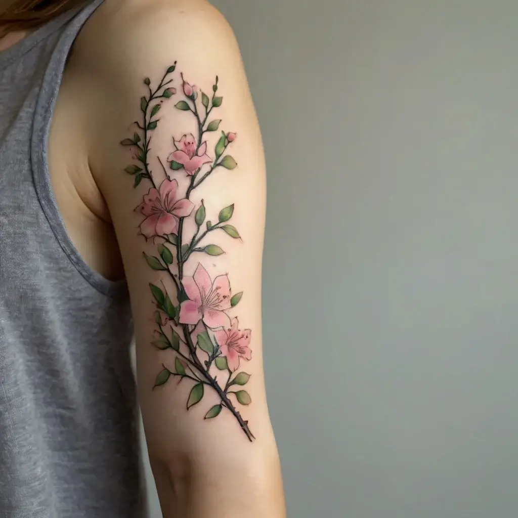 Floral tattoo on upper arm depicting elegant pink blossoms and green leaves on delicate branches.