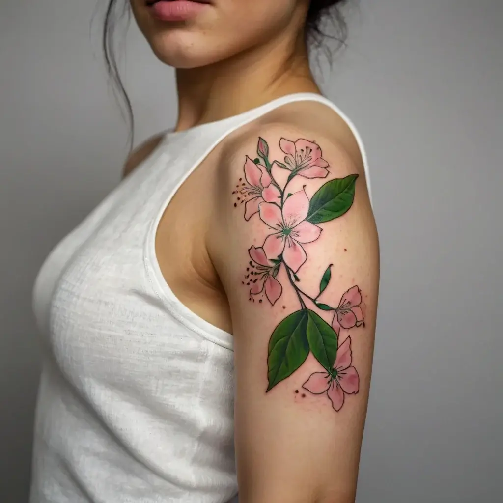 Tattoo of pink cherry blossoms with green leaves, elegantly wrapped on the upper arm, symbolizing beauty and renewal.