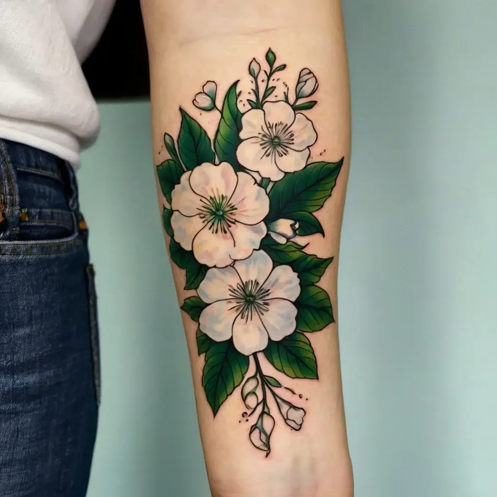 A vibrant tattoo of pink cherry blossoms with dark green leaves, elegantly flowing along the forearm.