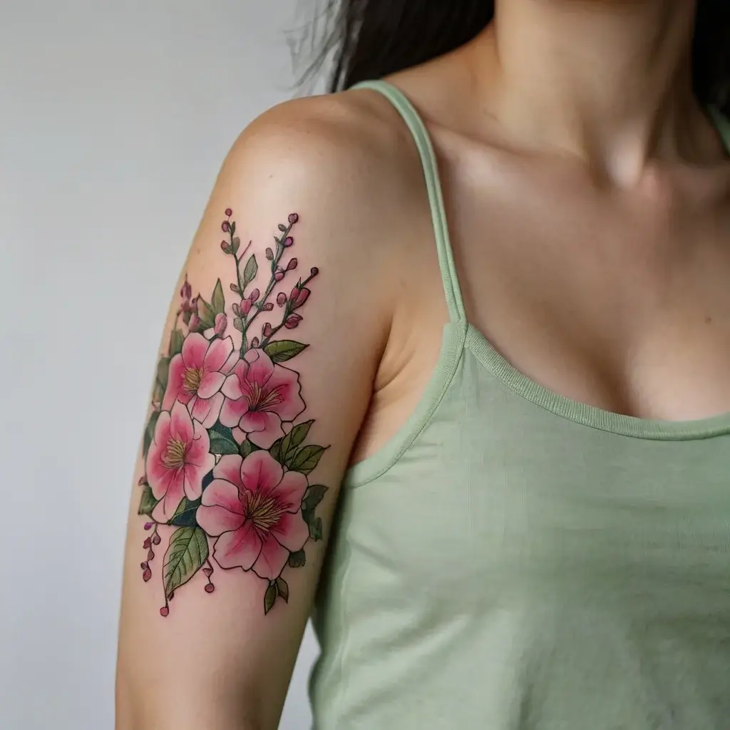 Arm tattoo with vibrant pink flowers and lush green leaves, accented by delicate purple buds, creating a floral design.