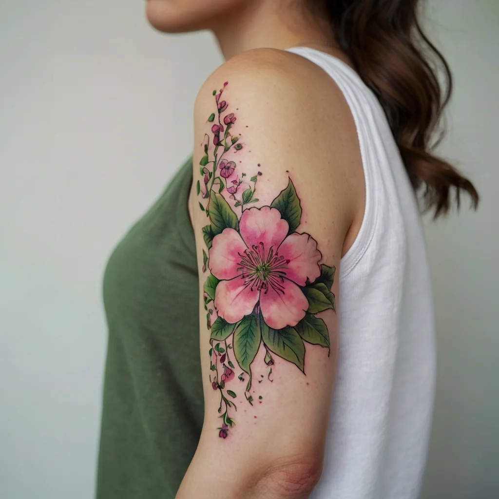 Pink cherry blossom tattoo on upper arm, with detailed petals, green leaves, and surrounding buds.